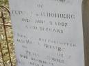 
Emma E. HOIBERG,
daughter of Peter J. & M. HOIBERG,
died 2 Jan 1906 aged 31 years;
Maria HOIBERG,
wife of Peter HOIBERG,
died 22? Sept 1923 aged 78 years;
Yangan Anglican Cemetery, Warwick Shire
