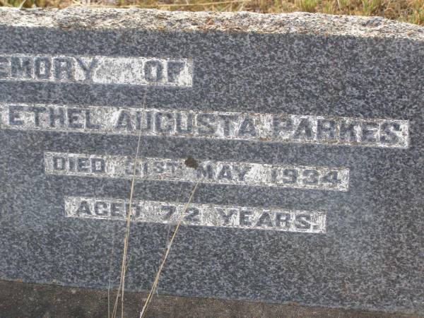 William Jardine PARKES,  | died 17 Dec 1937 aged 76 years;  | Ethel Augusta PARKES,  | died 31 May 1934 aged 72 years;  | Yangan Anglican Cemetery, Warwick Shire  | 