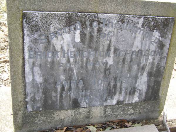 Erick Hendrick JOHANSON,  | died 20 May 1931;  | Anna JOHANSON,  | died 22 March 1939;  | Evangeline CLEVELAND,  | grand-daughter,  | 1908 - 1961;  | Yangan Presbyterian Cemetery, Warwick Shire  | 