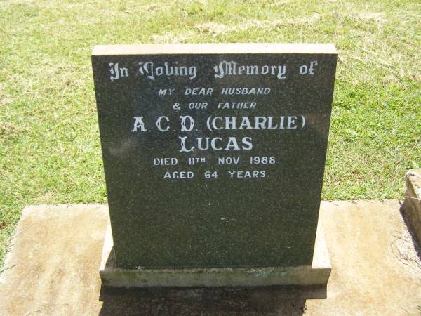 A.C.D. (Charlie) LUCAS,  | husband father,  | died 11 Nov 1988 aged 64 years;  | Yarraman cemetery, Toowoomba Regional Council  | 