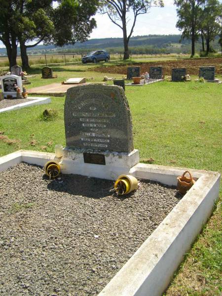 Albert Joseph SCHULTZ,  | died 15 May 1957 aged 77 years;  | Amelia SCHULTZ,  | died 18 Feb 1959 aged 70 years;  | Daphne DONALD,  | wife mother grandmother,  | daughter of Amelia & Joseph SCHULTZ,  | died 1 March 1997 aged 71 years;  | Yarraman cemetery, Toowoomba Regional Council  | 