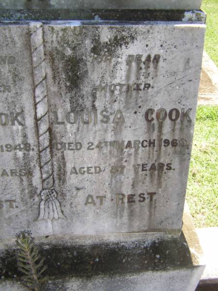 Jesse COOK,  | husband father,  | died 28 Feb 1948 aged 66 years;  | Louisa COOK,  | mother,  | died 24 March 1969 aged 87 years;  | Yarraman cemetery, Toowoomba Regional Council  | 